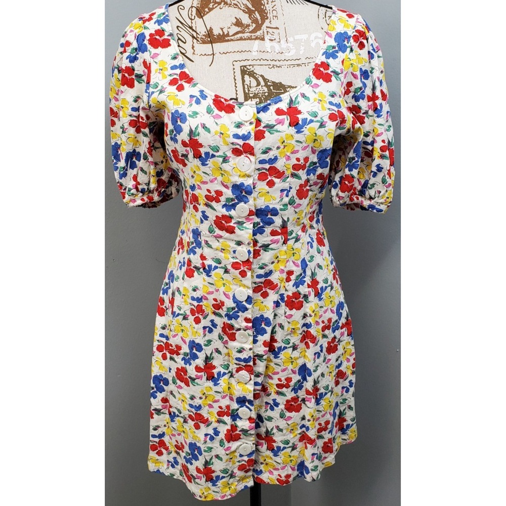 RIXO Mini Dress Womens 4 Multicolor Floral Linen Blend Puff Sleeve Button Front
